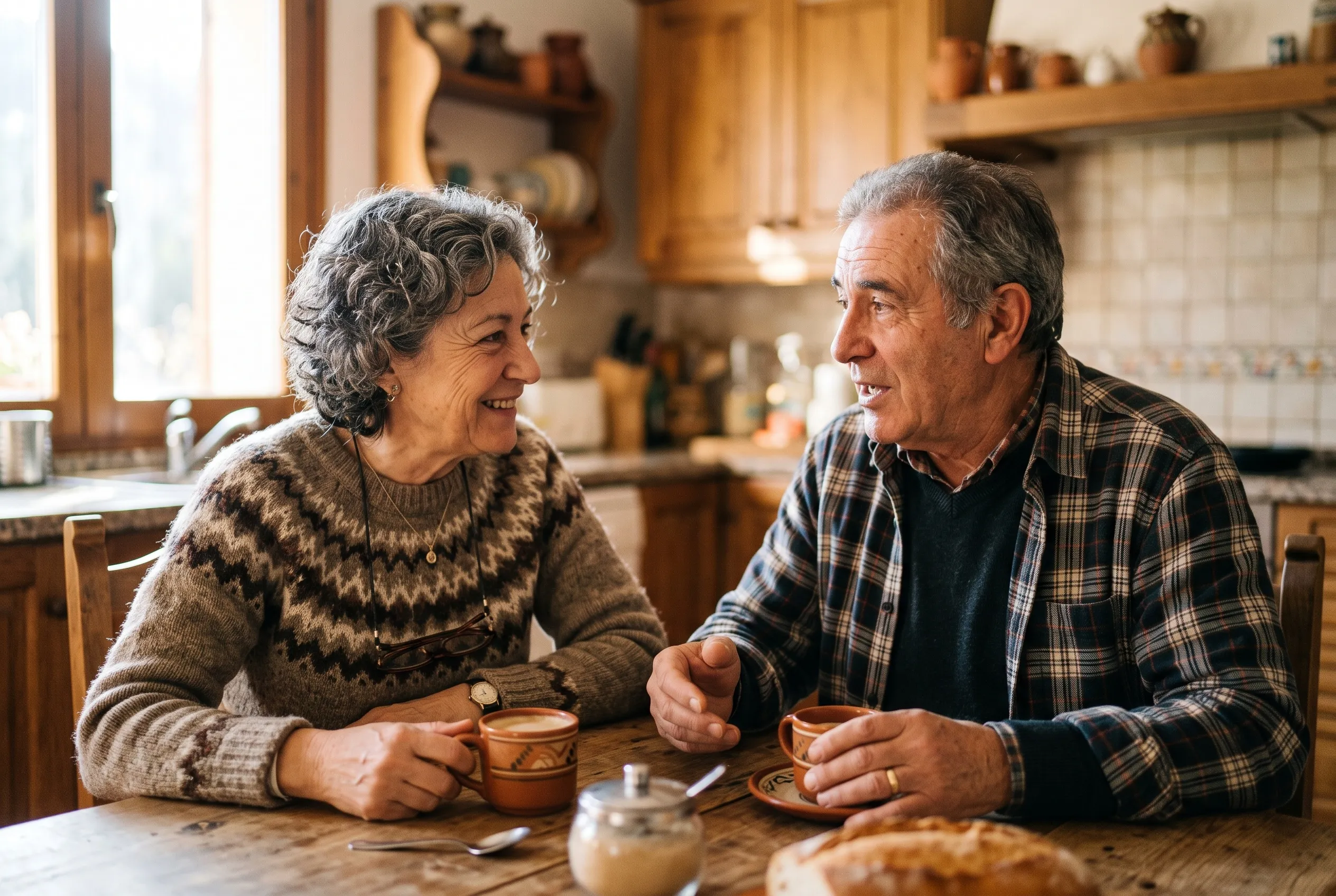 Una pareja mayor conversa sonriendo en su cocina mientras toma café