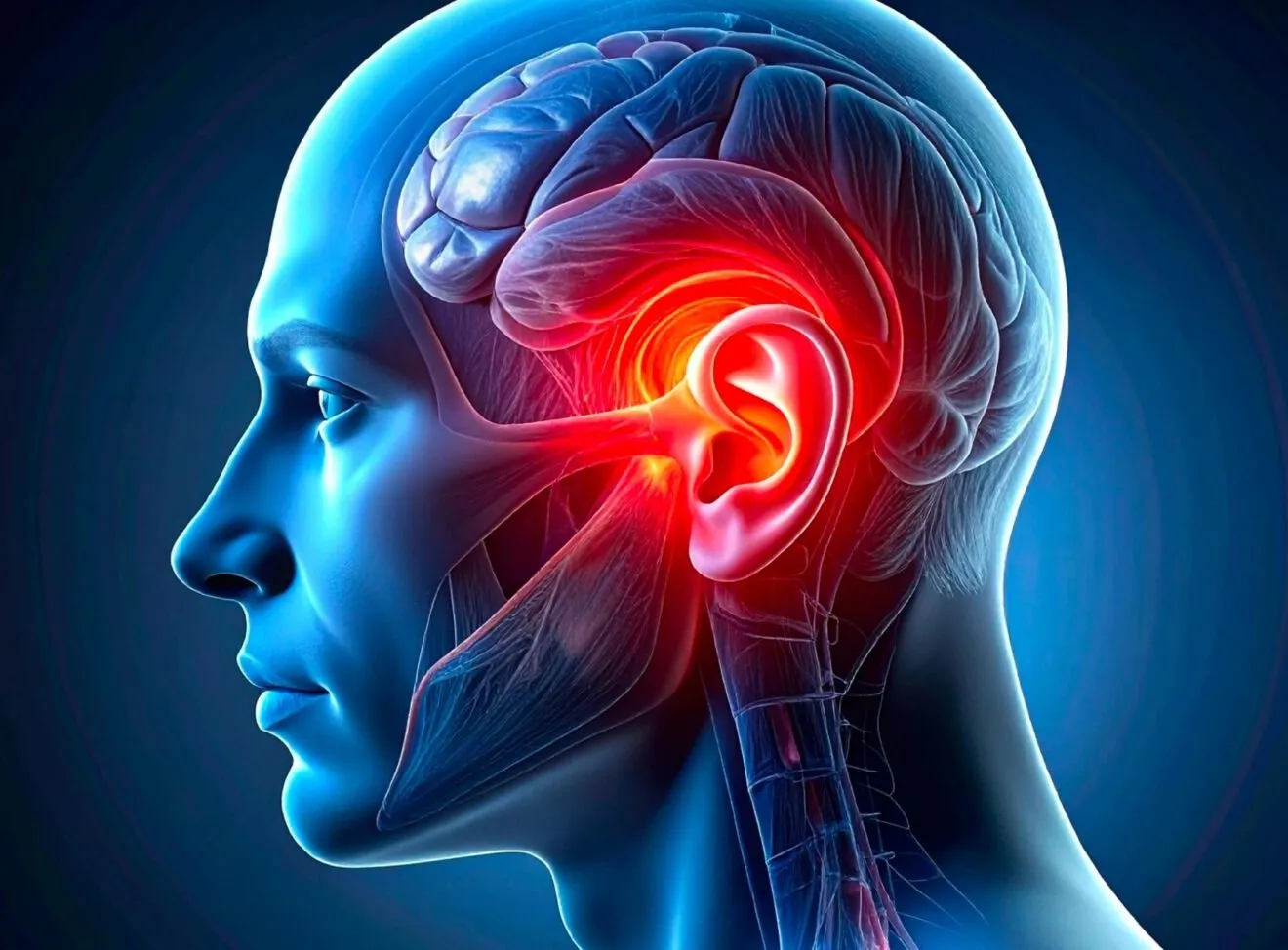 Ilustración de una cabeza translúcida sobre fondo azul oscuro, con el oído iluminado y la señal sonora viajando hacia el cerebro