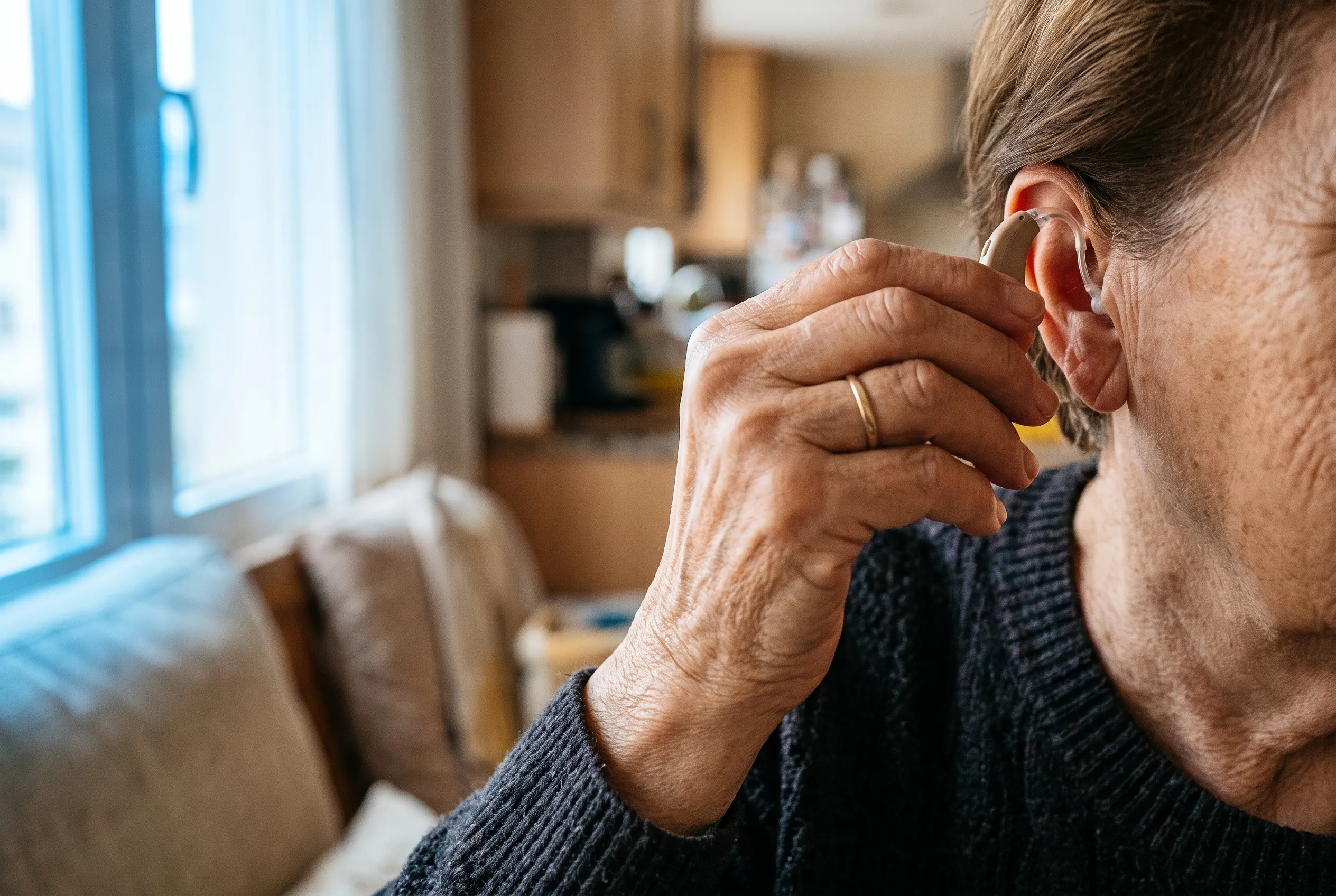 Primer plano de una mano colocando un audífono discreto tras la oreja