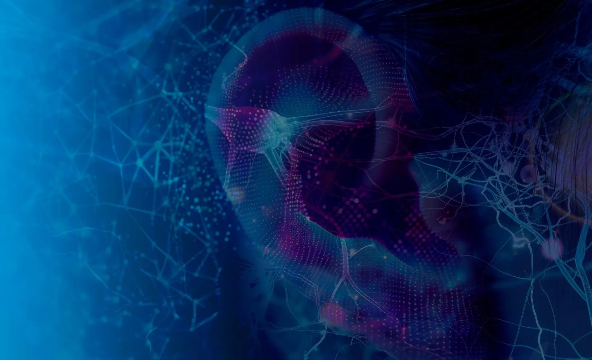 Ilustración de un oído humano representado como una malla de puntos entrelazada con una red neuronal, sobre fondo azul oscuro