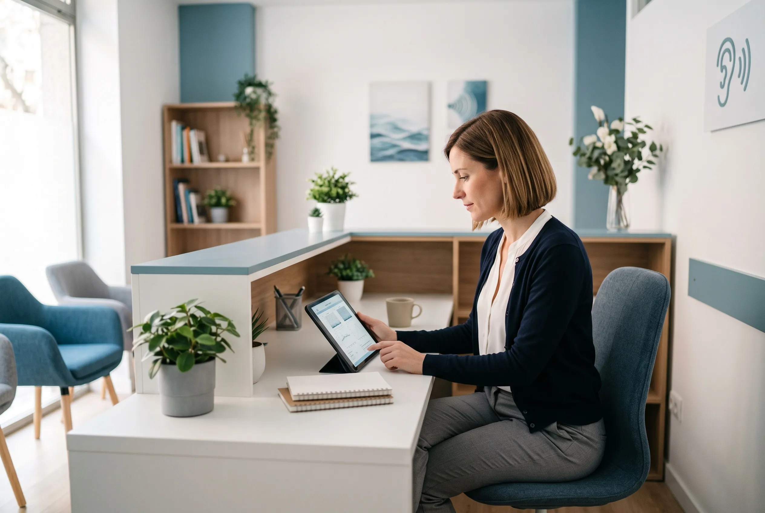 Una profesional revisa un informe clínico en una tablet en una consulta moderna
